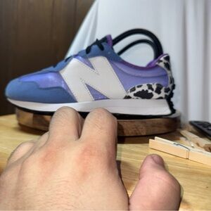 New Balance 327  gs327sg Size M.5/W7 Purple and Black Cow Print Sneakers